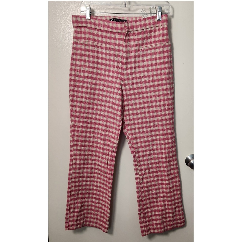 Zara NWOT High Waist‎ Womens Pink Gingham Cotton Trousers Pants Cropped Cotton